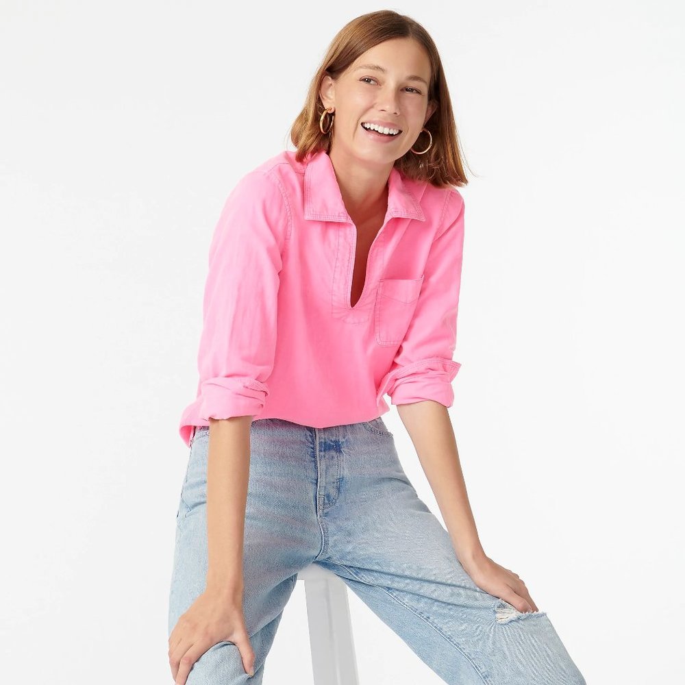 J. Crew AQ970 Pink neon Garment-dyed popover shirt popover blouse XS 0 2